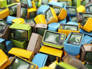 Heap of vintage tv. End of television. Conceptual background. 3d